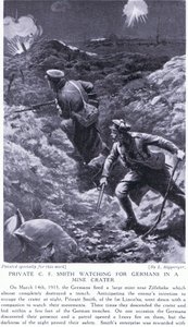 Private C F Smith kijkt naar Duitsers in een mijnkrater bij Zillebeke in maart 1915 door H. Ripperger